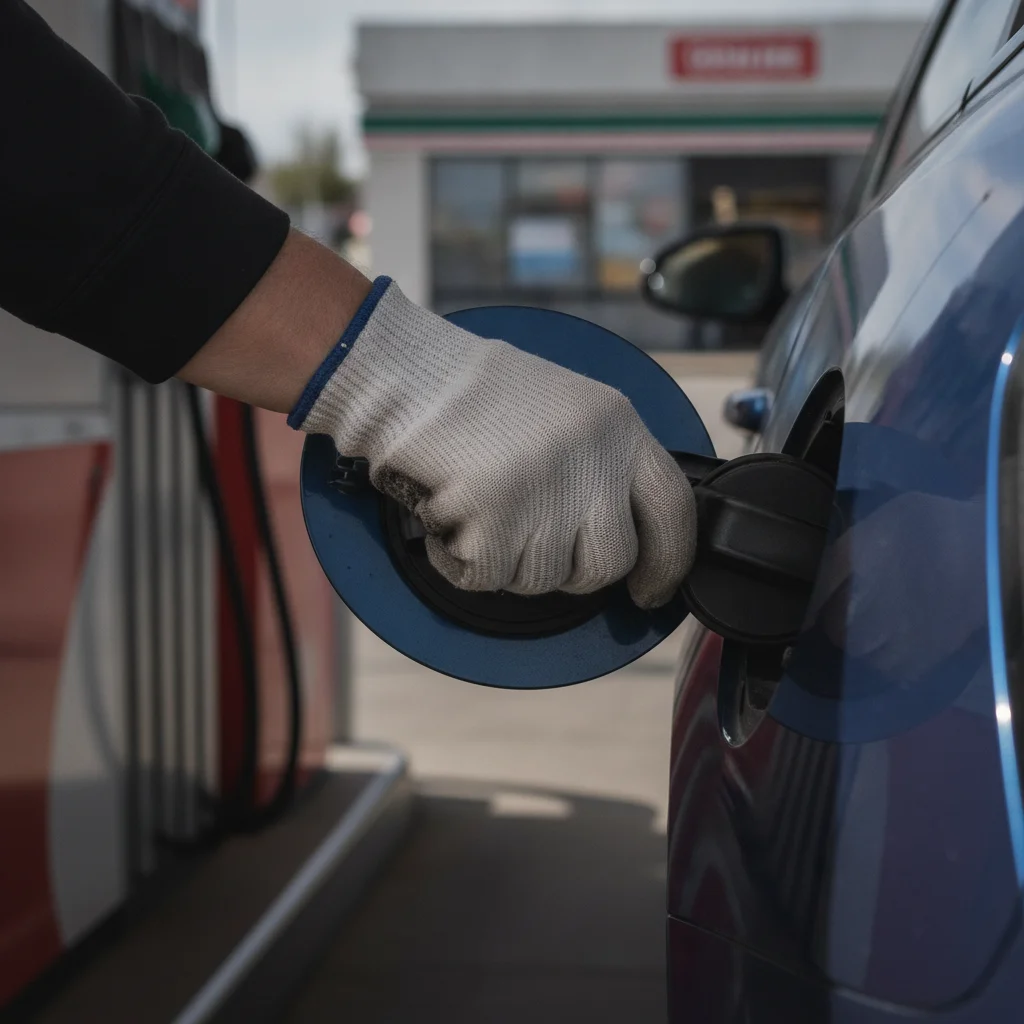 Driver firmly tightening a gas cap on a car at a fuel station to address a check engine light trigger