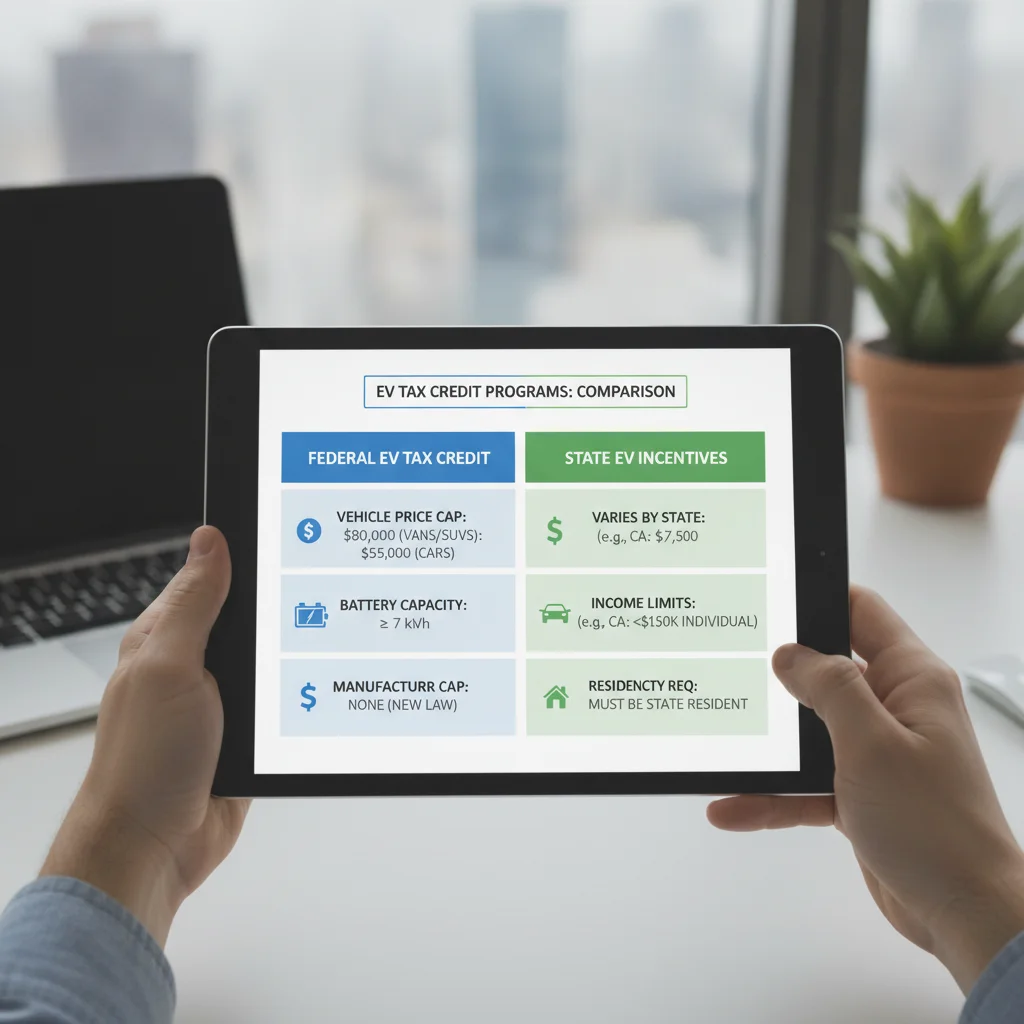 Tablet displaying a side-by-side comparison of consumer and commercial EV tax credit rules