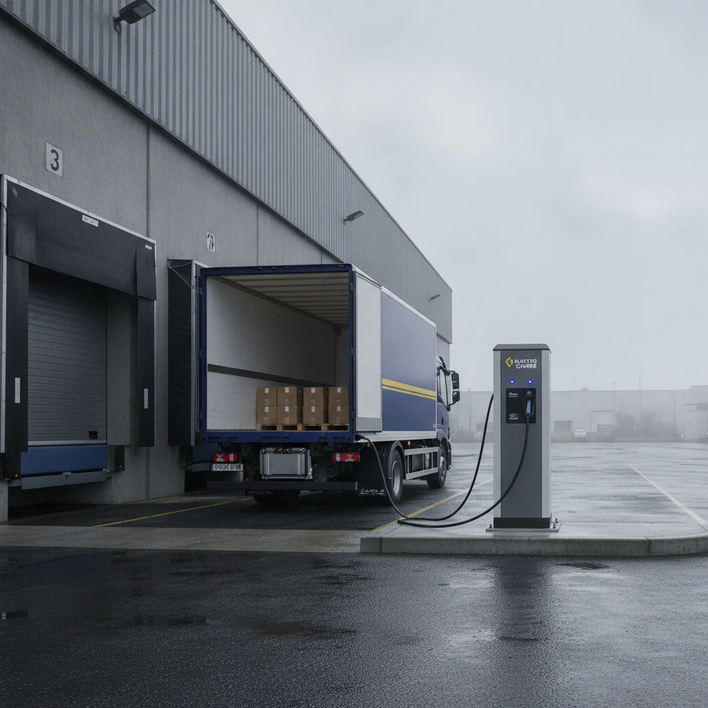 Heavy-duty electric delivery truck charging at a warehouse loading dock
