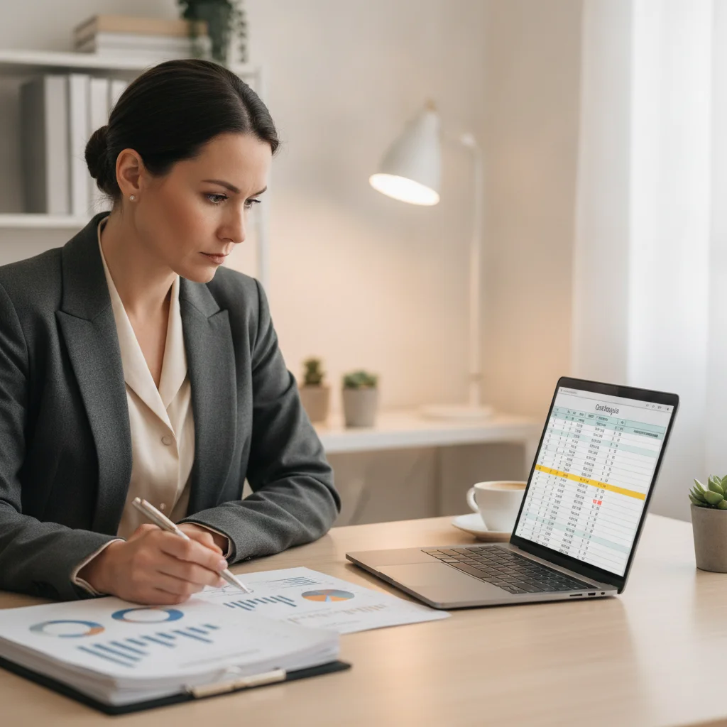Business owner reviewing EV cost analysis documents and spreadsheets at office desk