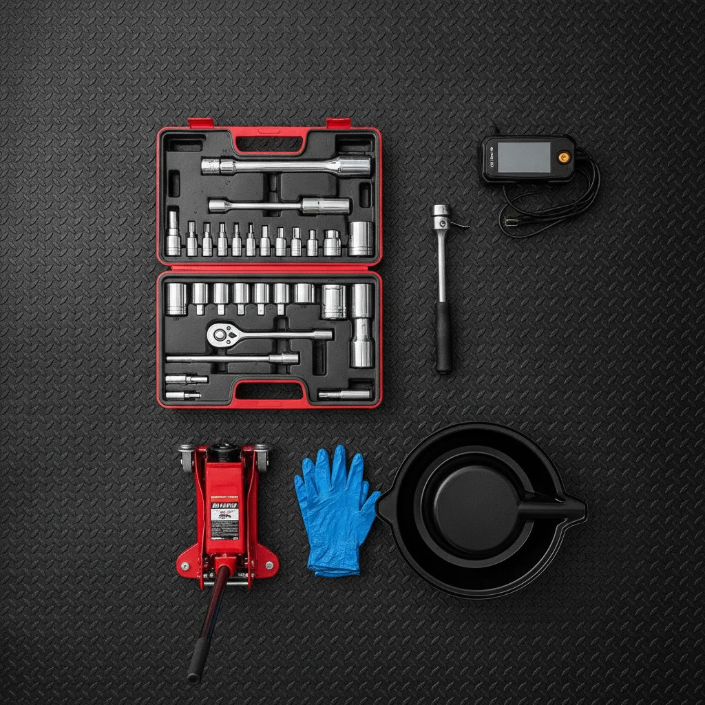 Organized flat lay of essential DIY car maintenance tools including sockets, torque wrench, and OBD-II scanner