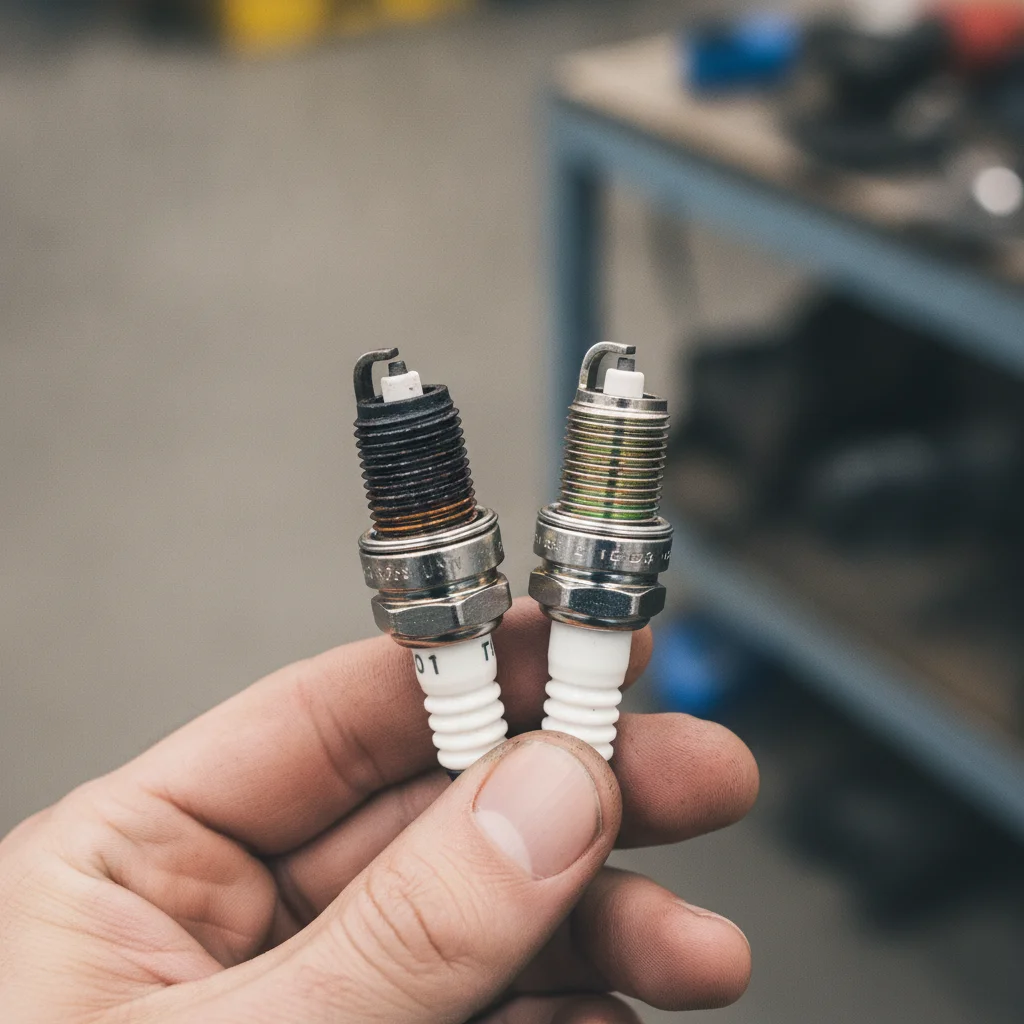 Used spark plug with worn electrode and carbon deposits held next to a brand-new replacement spark plug
