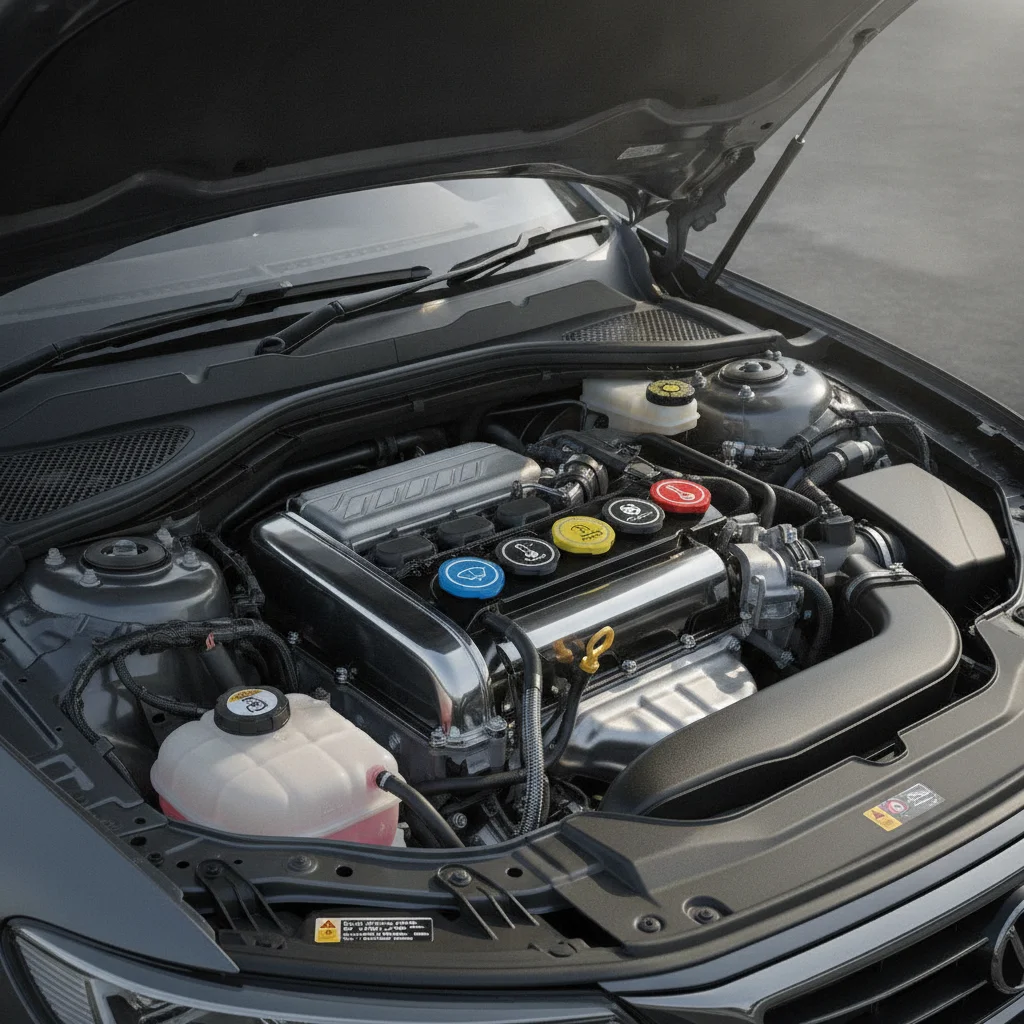 Car engine bay showing various labeled fluid reservoirs including coolant overflow, brake fluid, and power steering