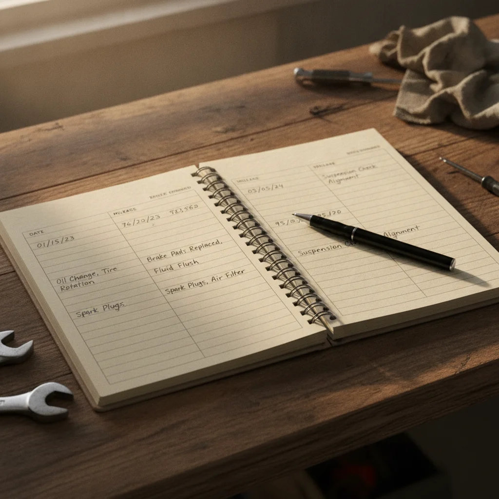 Open handwritten car maintenance log on a garage workbench showing oil change and service records by date and mileage