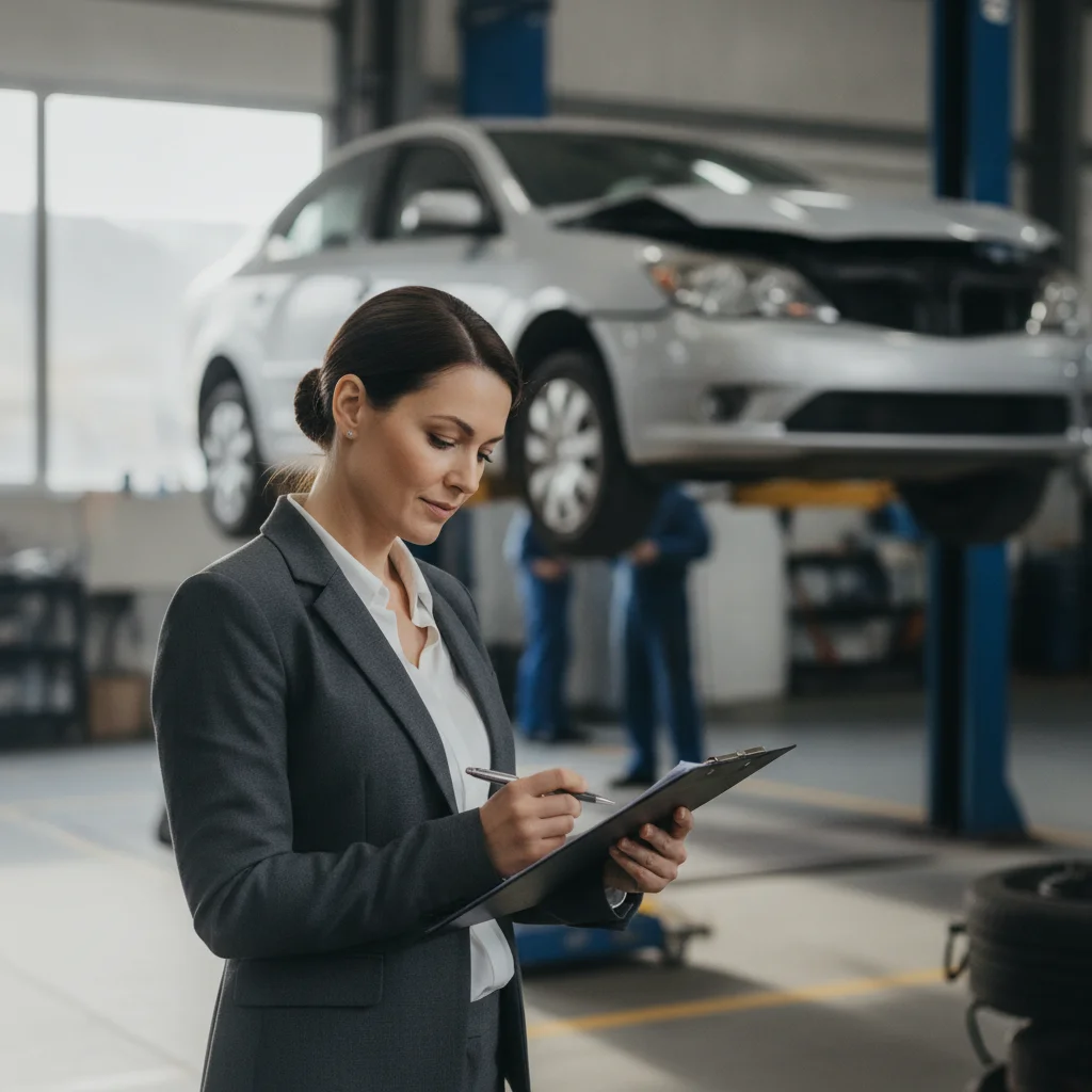 Insurance adjuster reviewing a clipboard beside a damaged car at an auto repair shop.