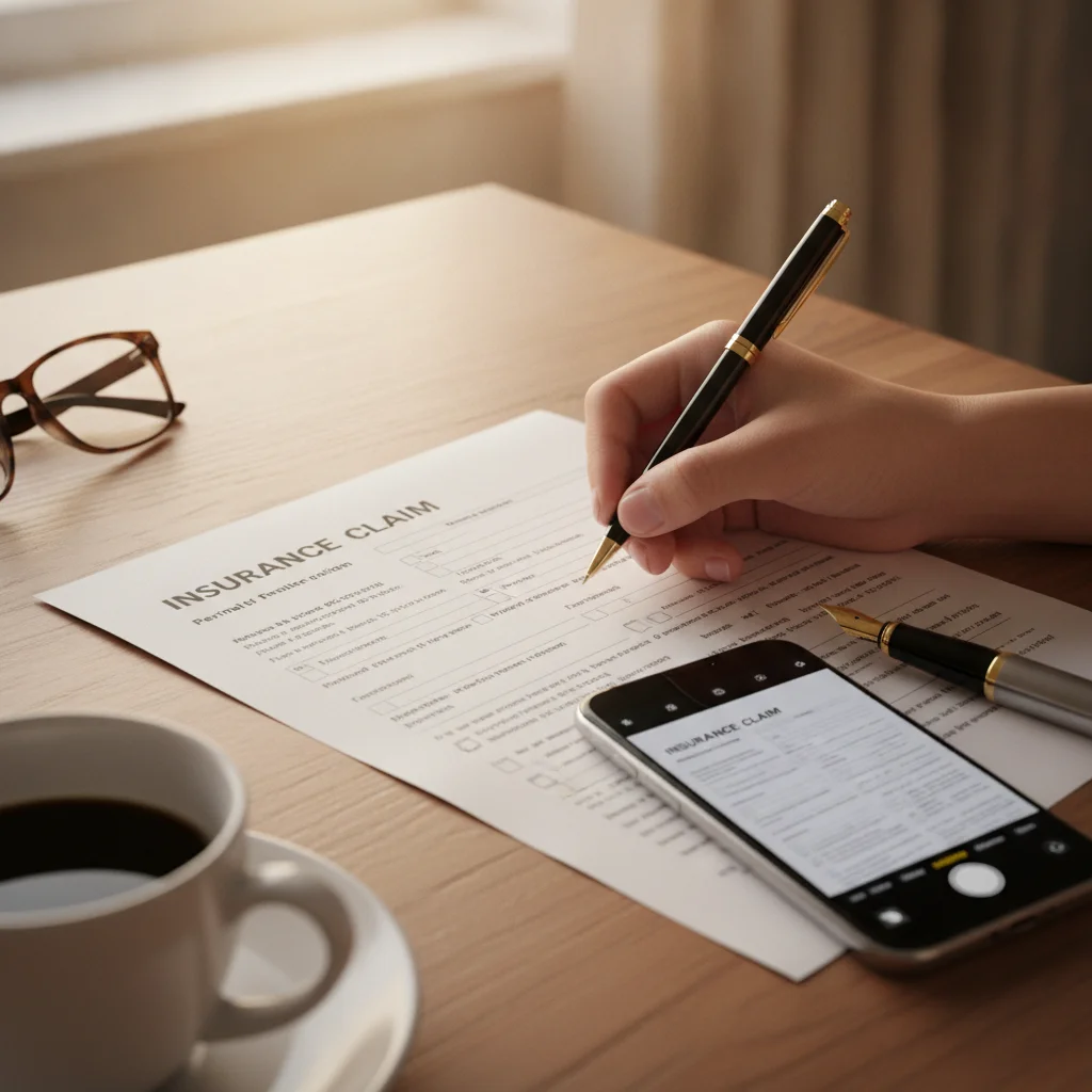Hands completing an auto insurance claim form on a desk beside a smartphone used for documentation.