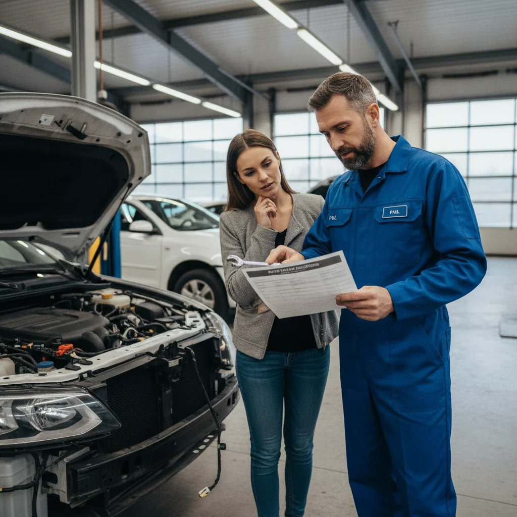 Car owner and mechanic reviewing a damage estimate printout in a well-lit auto repair shop.