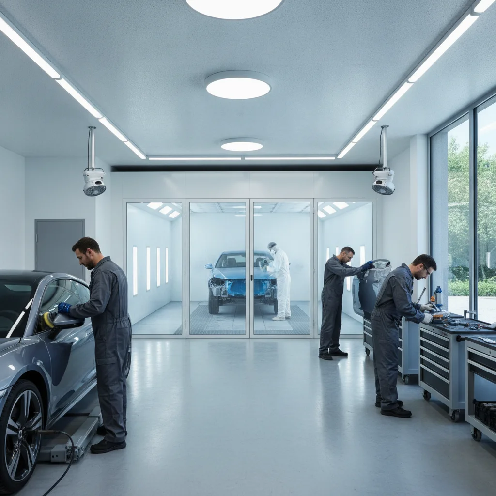 Auto body technicians repairing a vehicle inside a well-lit professional repair shop.