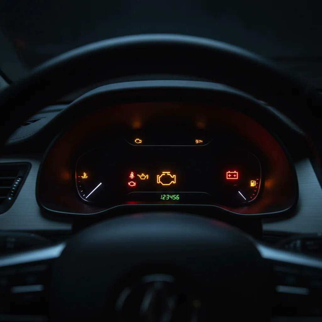 Close-up of illuminated dashboard warning symbols including check engine and oil pressure lights