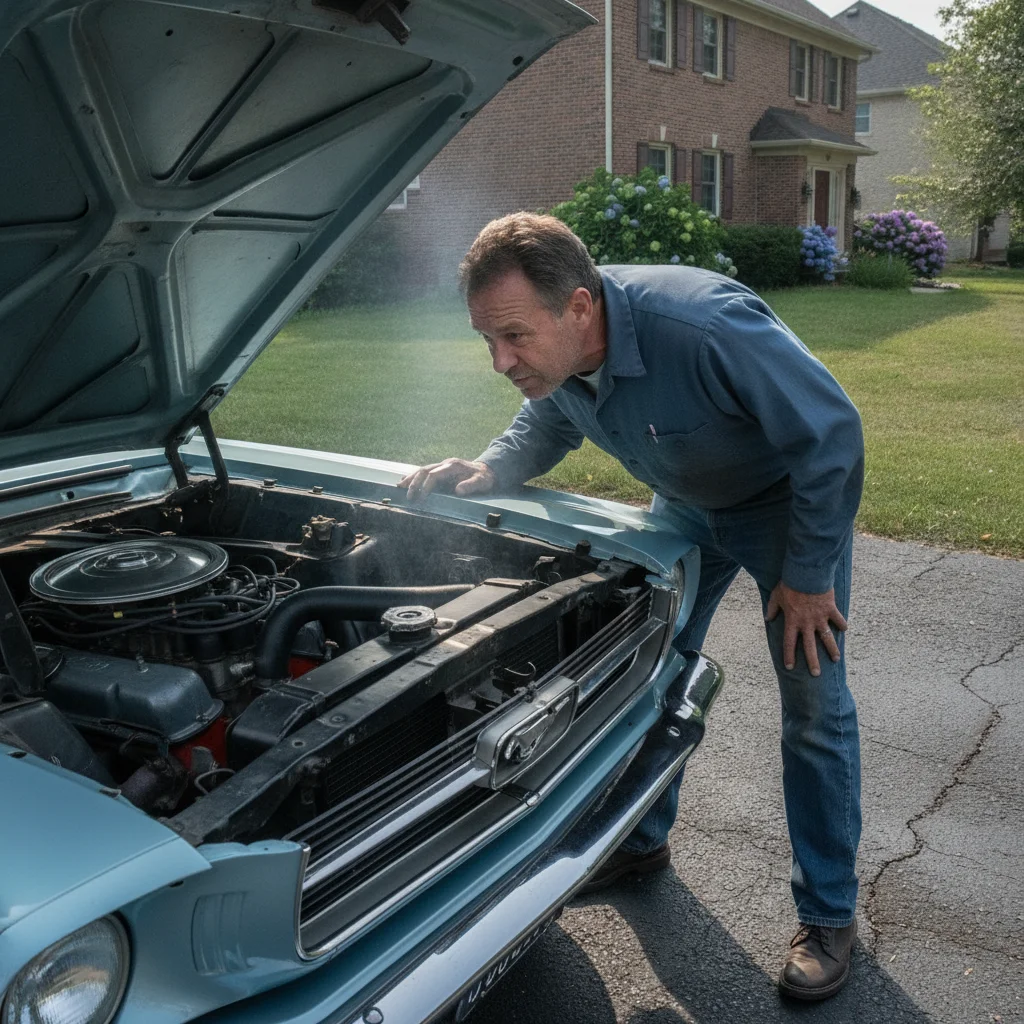 Driver leaning over open car hood investigating an unusual smell from the engine bay
