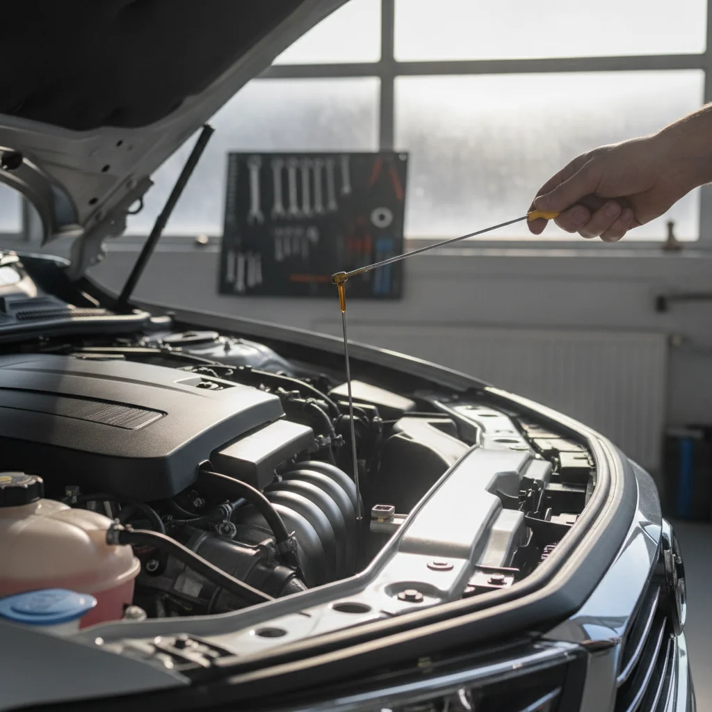 Hands checking engine oil level on a dipstick in an open vehicle engine bay