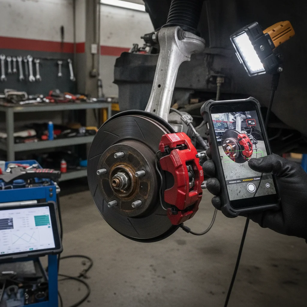 Person using a smartphone to document brake wear on a vehicle during a pre-mechanic inspection