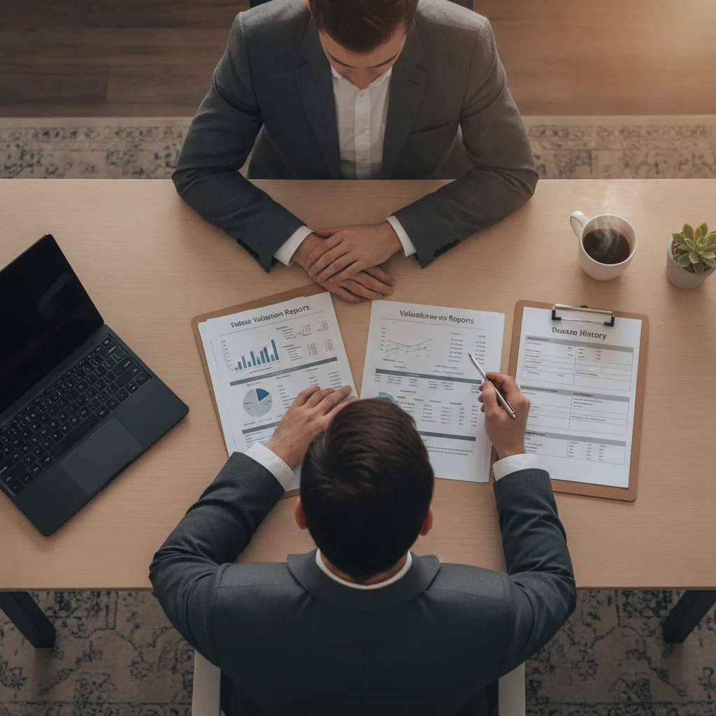 Person reviewing printed car valuation reports and vehicle history documents at a desk