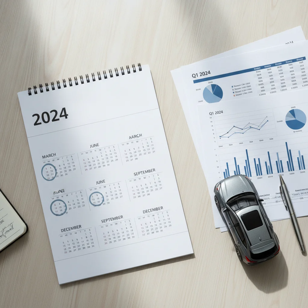 Calendar with highlighted months next to a miniature SUV model representing trade-in timing strategy