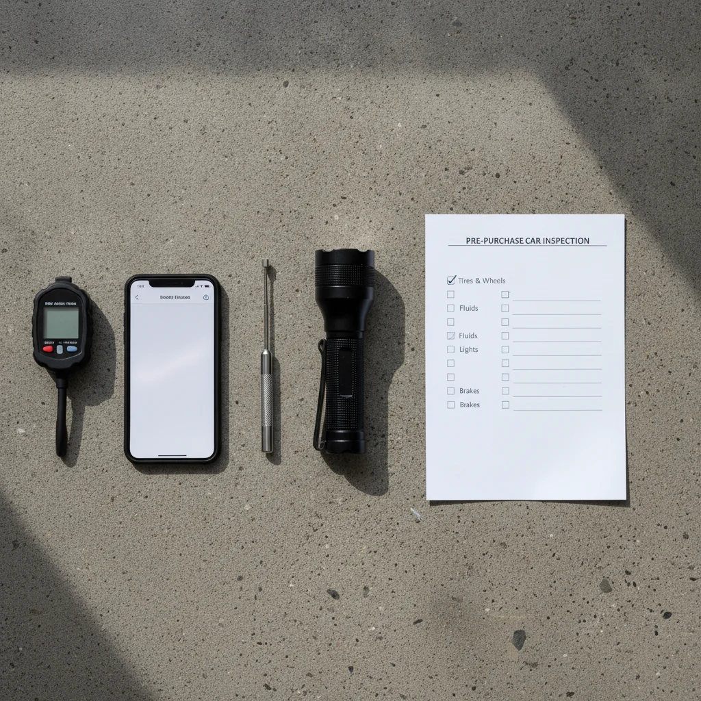 Flat lay of tools needed for a used car inspection including flashlight, magnet, tire gauge, and checklist