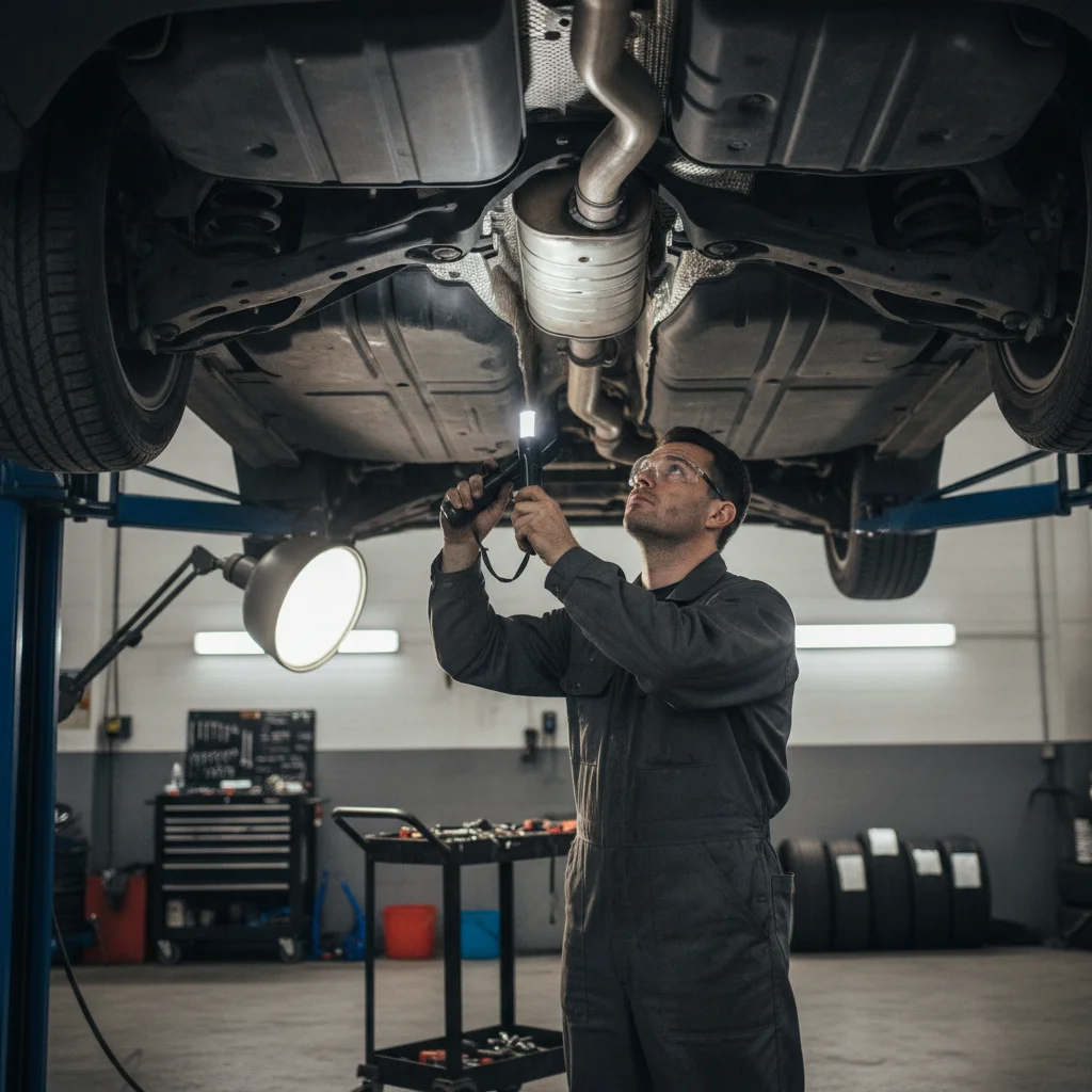 Mechanic examining vehicle undercarriage from below with a flashlight during a pre-purchase inspection