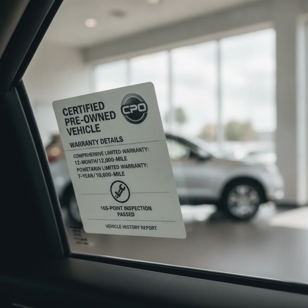 CPO window sticker showing warranty coverage details and manufacturer certification badge on a car window