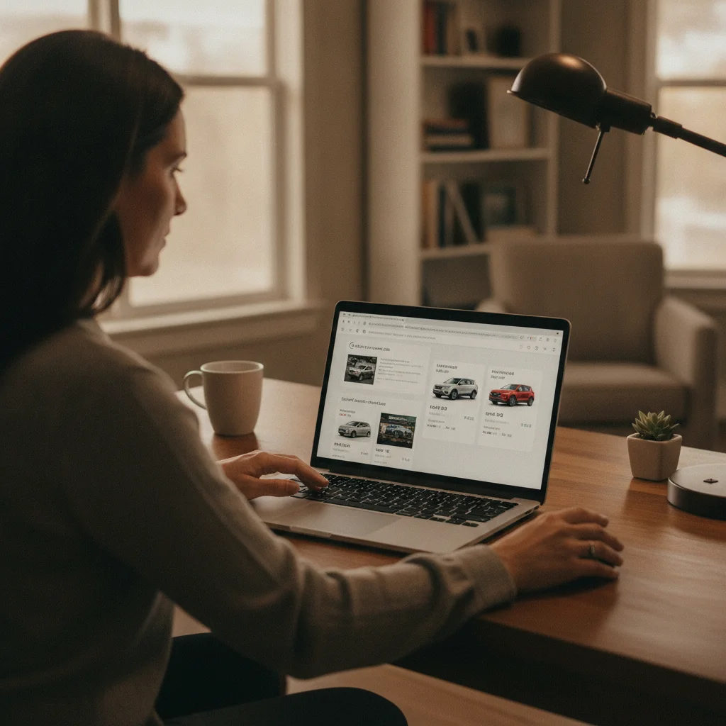 Person researching certified pre-owned vehicle listings on a laptop with multiple car comparison cards on screen