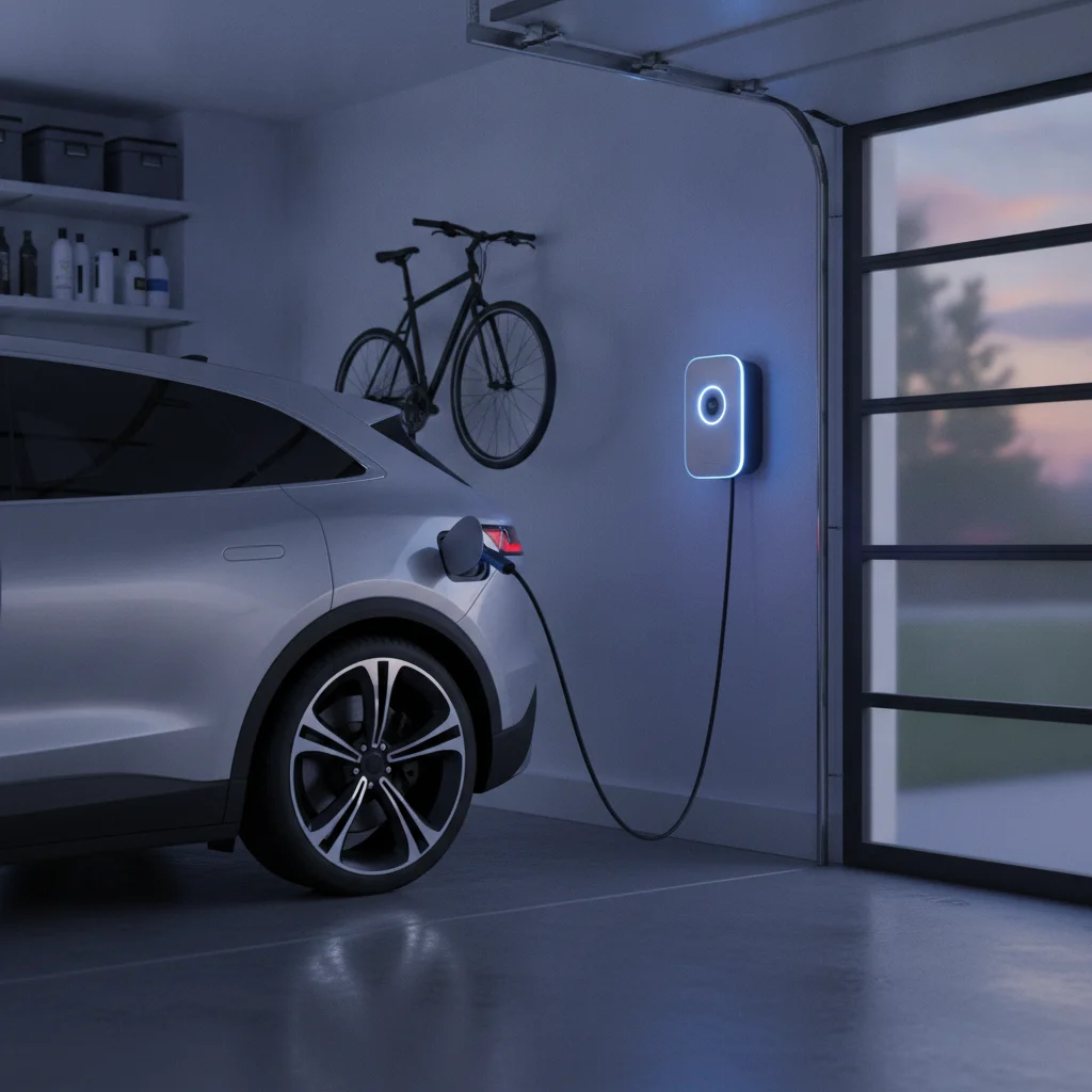 Electric vehicle plugged into a Level 2 home charger in a suburban garage at dusk