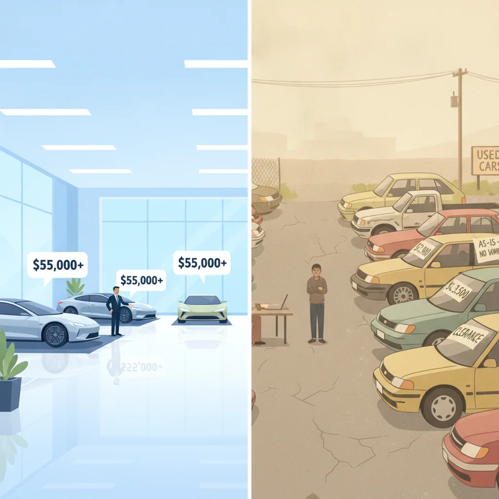 Comparison illustration of a new car dealership showroom versus a used car lot with price differences