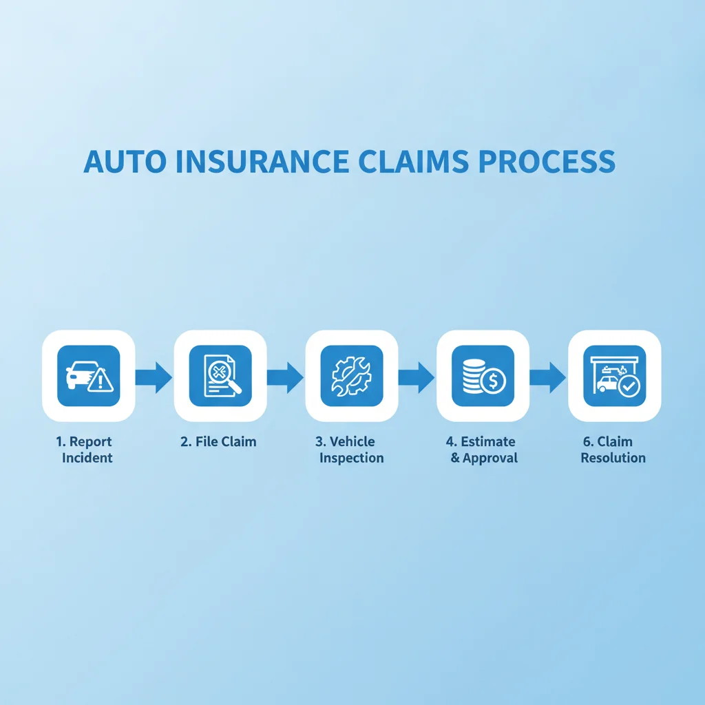 Illustrated flowchart showing six phases of the auto insurance claims process from documentation to settlement