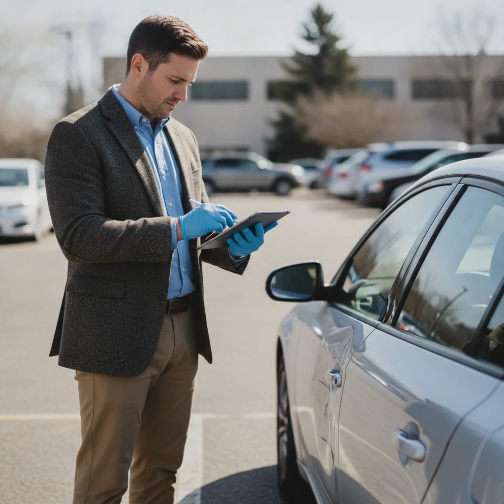 Insurance adjuster examining car door damage with a tablet in a parking lot