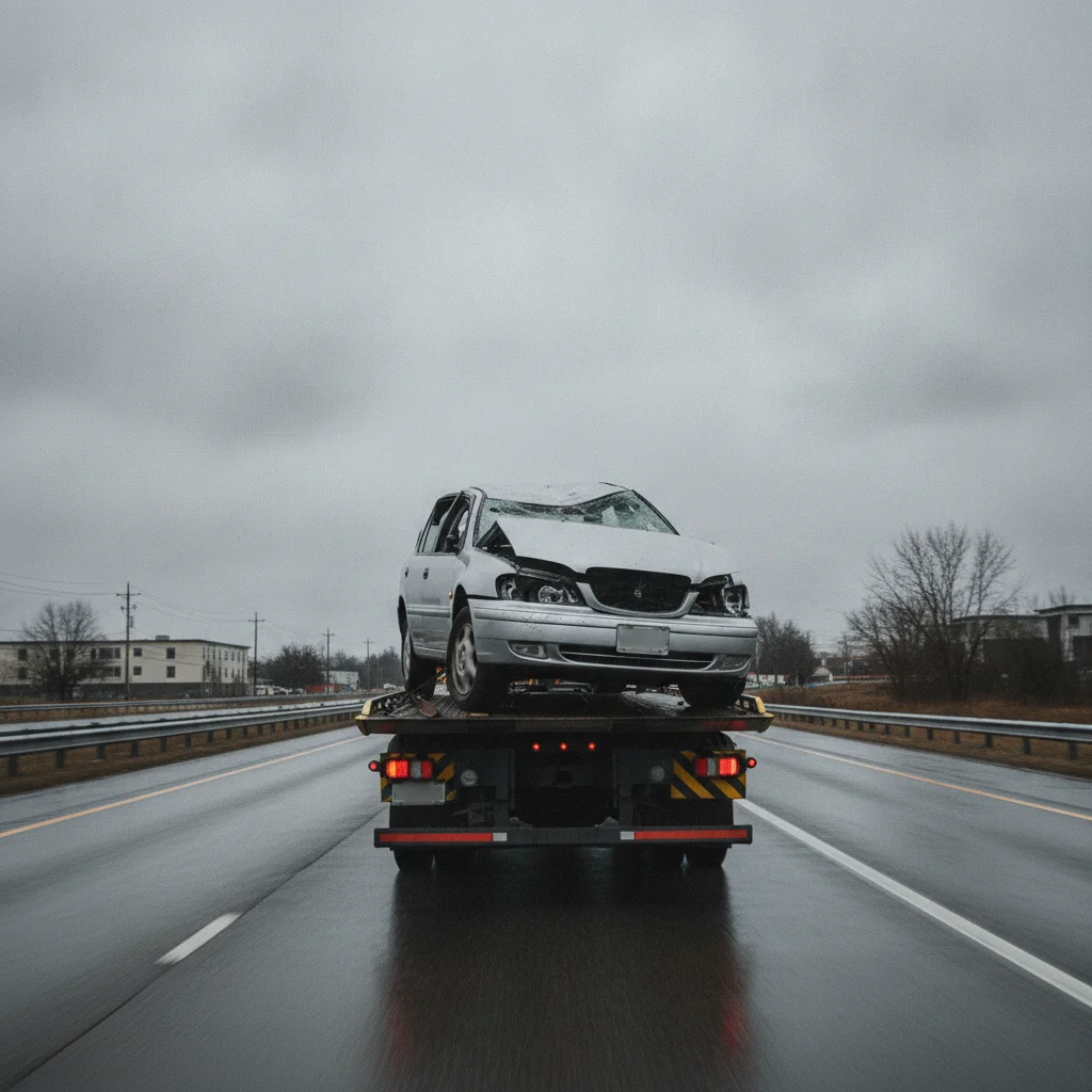 Totaled silver sedan loaded on a flatbed tow truck after being declared a total loss