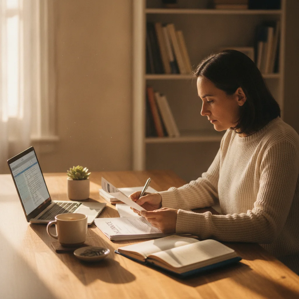 Person reviewing auto insurance claim documents at a desk with a laptop and organized paperwork