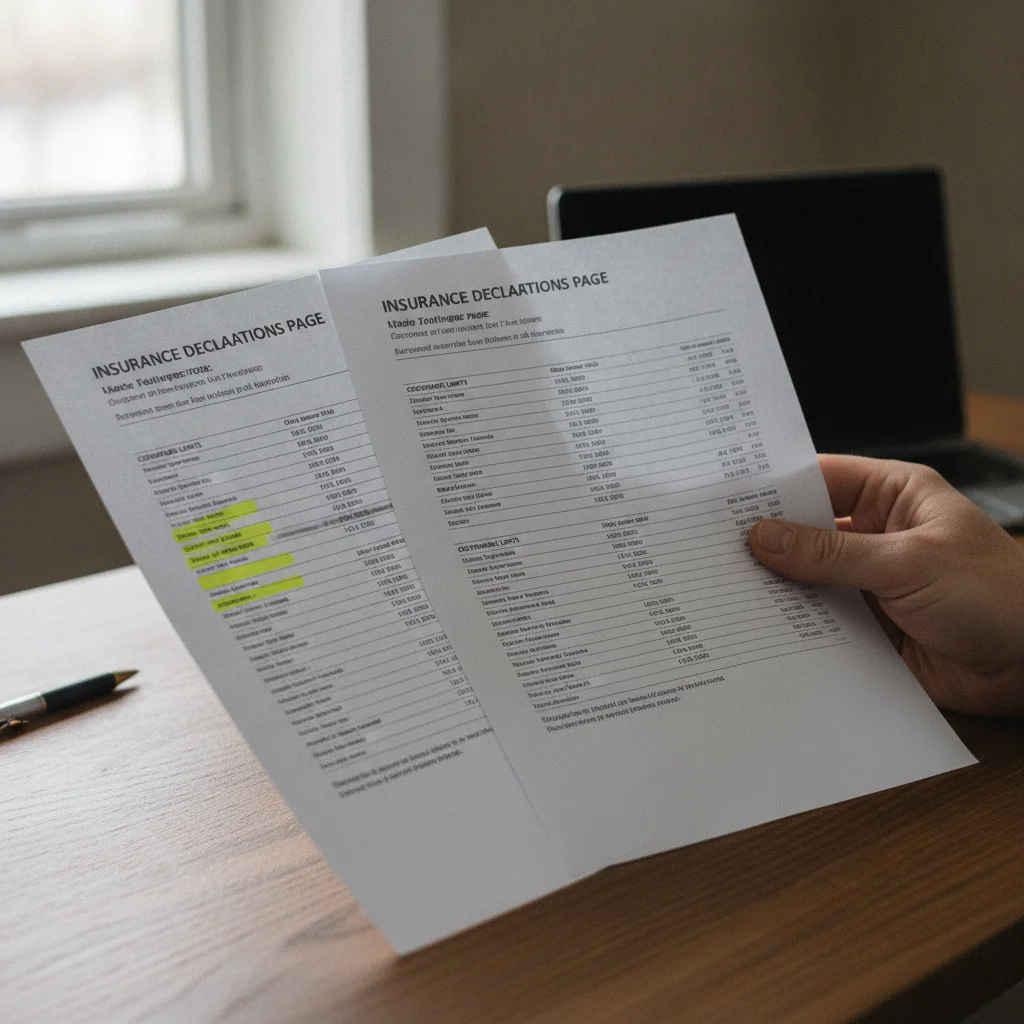 Hand holding two auto insurance declarations pages side by side showing different coverage limits