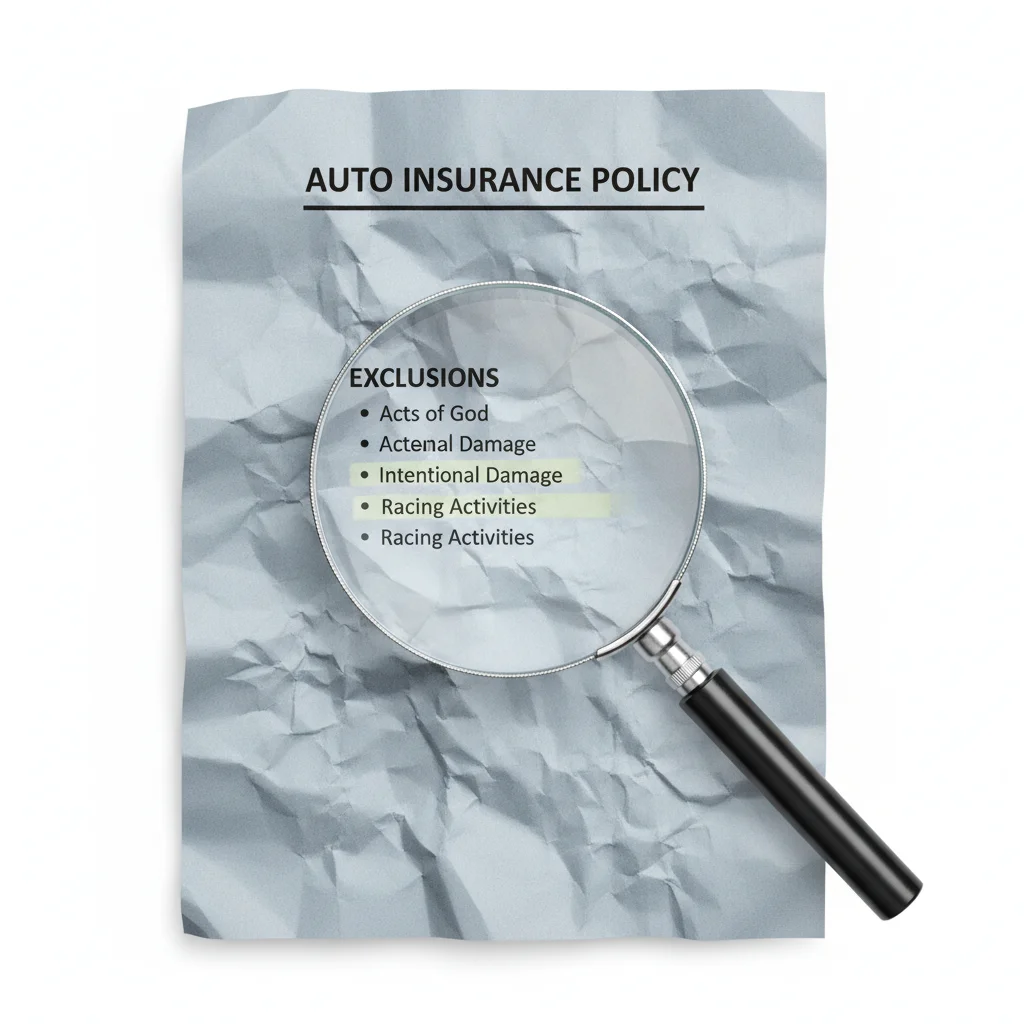 Auto insurance policy document with magnifying glass focused on the exclusions section