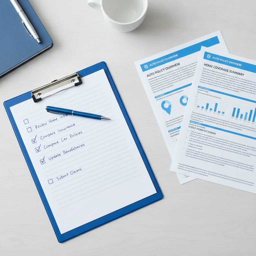 Checklist on a clipboard next to two auto insurance policy documents for side-by-side comparison
