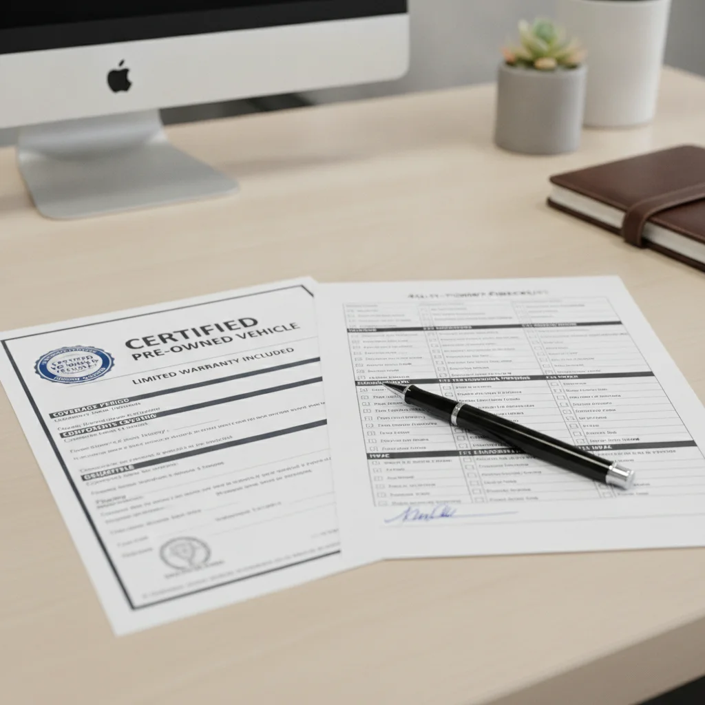 CPO warranty document and multi-point inspection checklist laid out on a dealership desk with a pen
