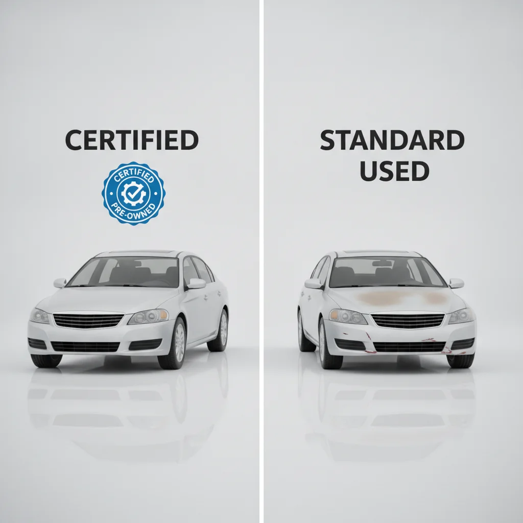 Side-by-side comparison illustration of a certified pre-owned vehicle versus a standard used vehicle