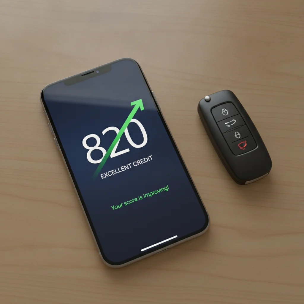Smartphone showing rising credit score with car key beside it on a desk