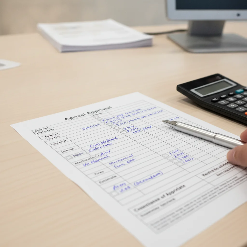 A dealership appraisal worksheet with handwritten numbers in multiple boxes on a desk