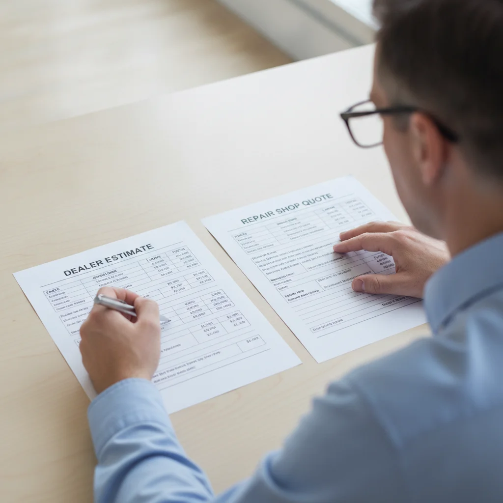 Person comparing a dealer reconditioning estimate with an independent repair shop quote on a table