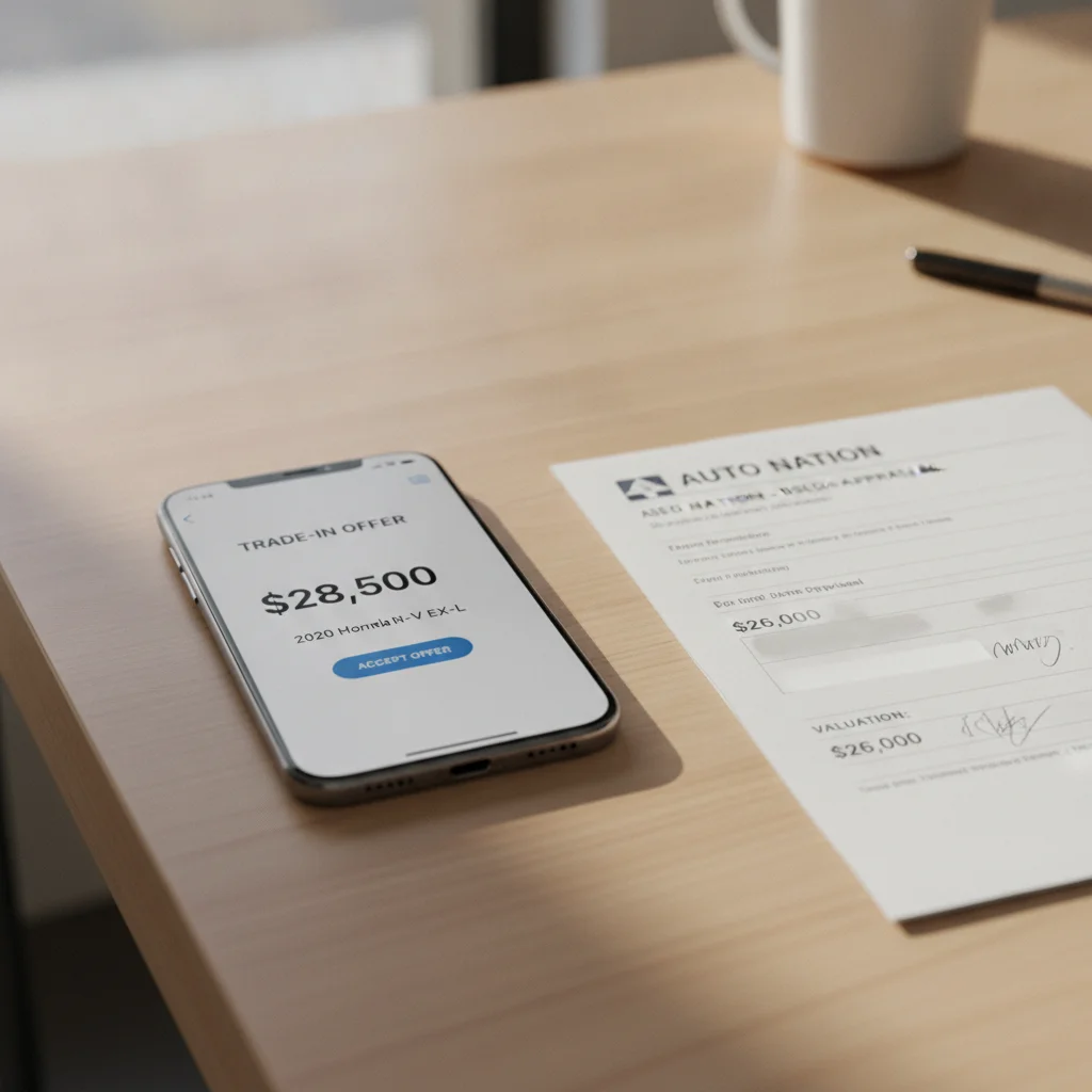Smartphone showing an online trade-in offer next to a printed dealer appraisal sheet on a desk