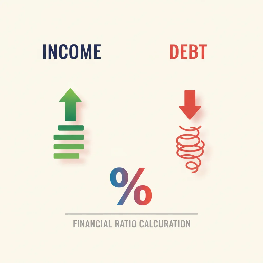 Infographic showing income versus debt columns with a percentage ratio in the center.