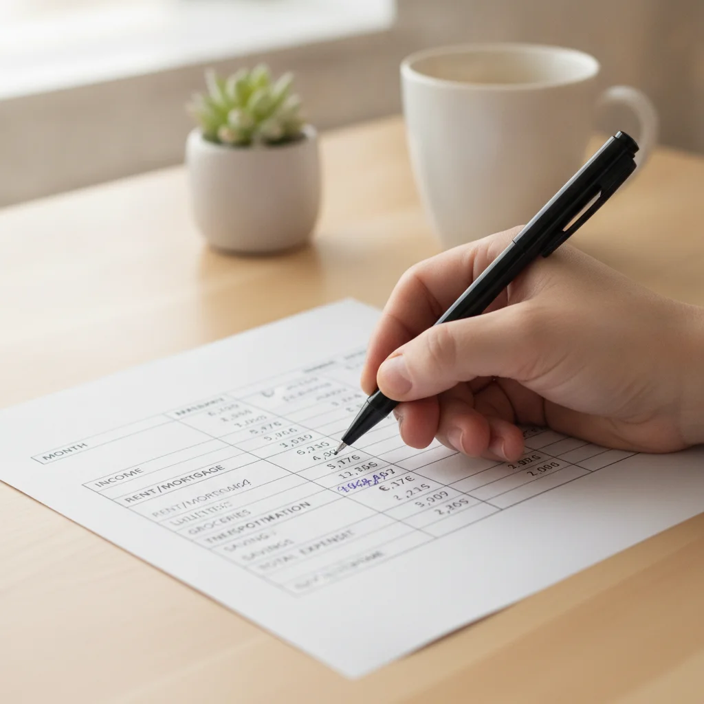 A hand writing on a financial worksheet calculating monthly debt obligations and gross income.