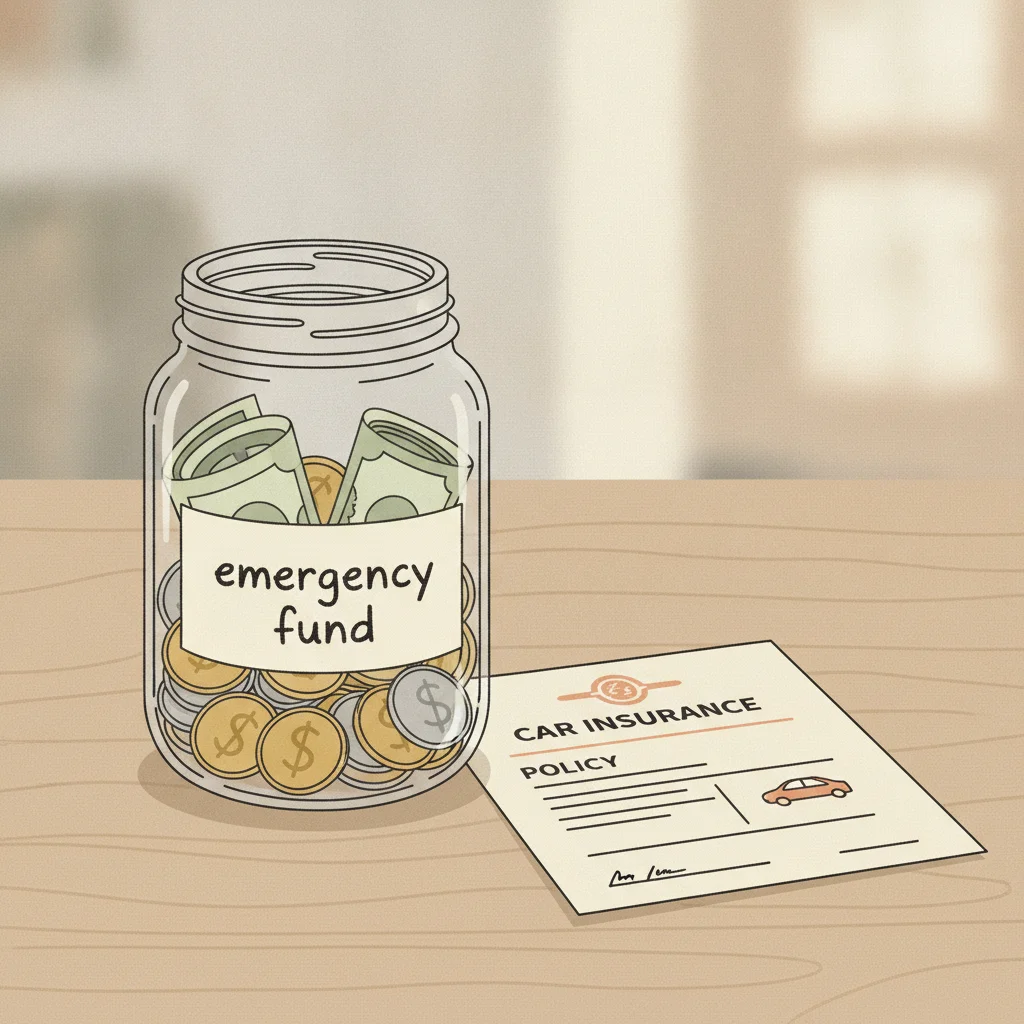 Glass jar of emergency savings sitting next to a car insurance policy document on a desk