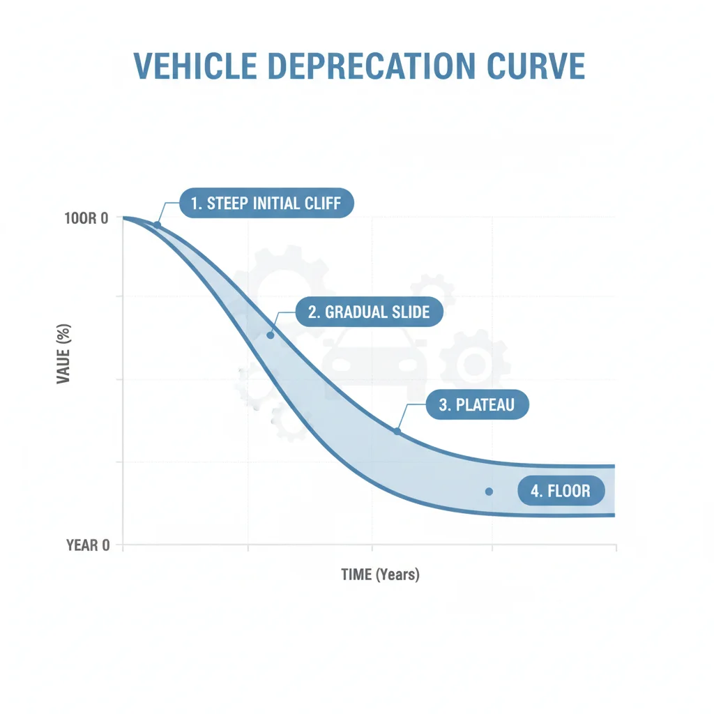 Infographic showing four phases of a car's depreciation curve from year zero to year ten