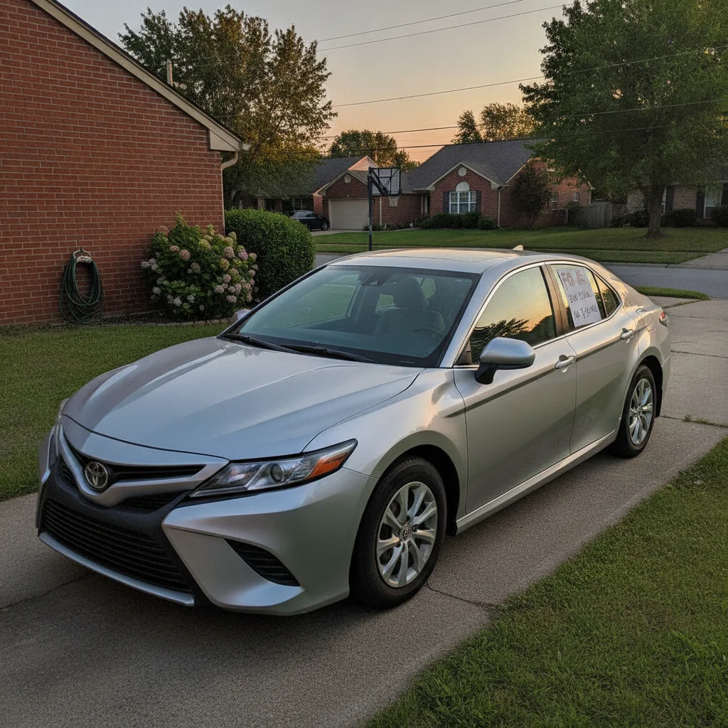 A clean three-year-old midsize sedan with a for-sale sign parked in a suburban driveway in afternoon light