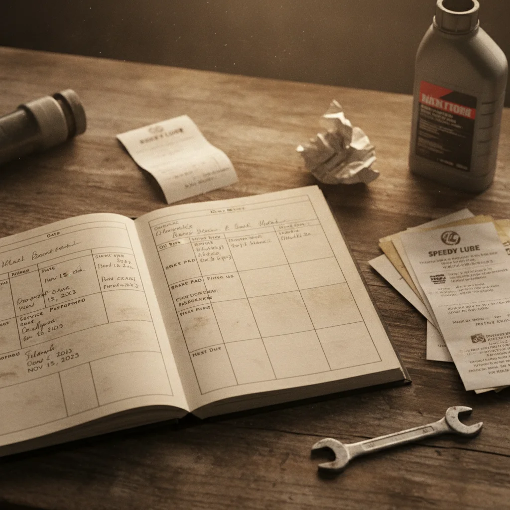 A vehicle maintenance logbook open on a workbench surrounded by service receipts and oil change records