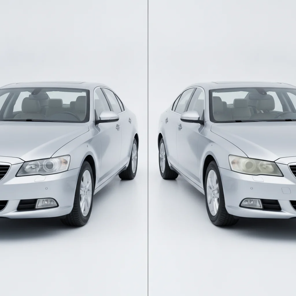 A brand new car and a five-year-old version of the same model placed side by side in a clean studio setting