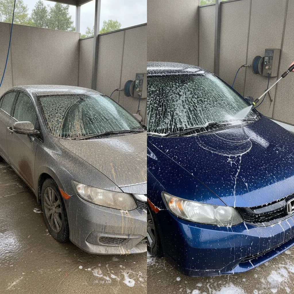 Dirty sedan being rinsed clean at a self-serve car wash station with soap suds on the roof.