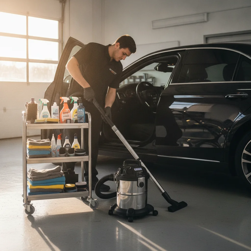 Auto detailer vacuuming the interior of a sedan next to a cart of professional cleaning supplies.