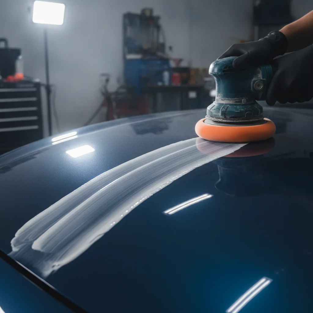 Close-up of a machine polisher applying compound to a dark blue car hood in a professional workshop.