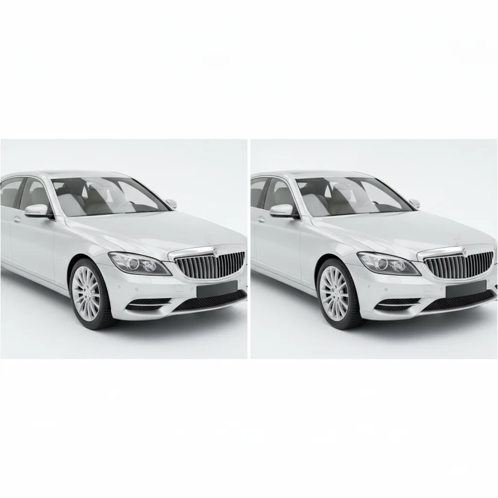 Two similar silver sedans side by side showing dull oxidized paint versus freshly corrected glossy paint.