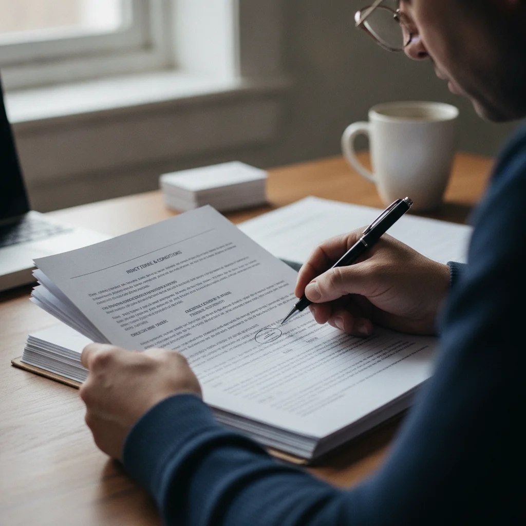 Person carefully reviewing and annotating an insurance policy document at a desk under natural light.