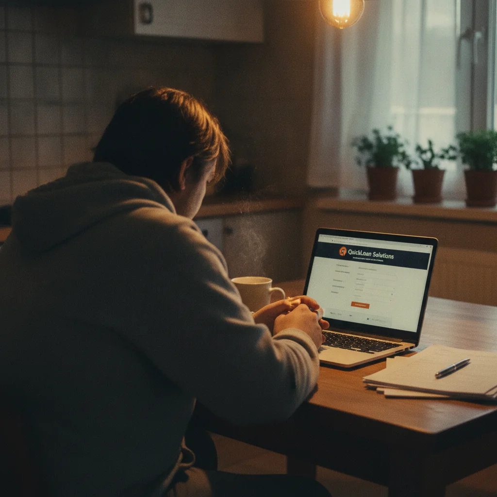 A person at a kitchen table researching auto loan options on a laptop before applying
